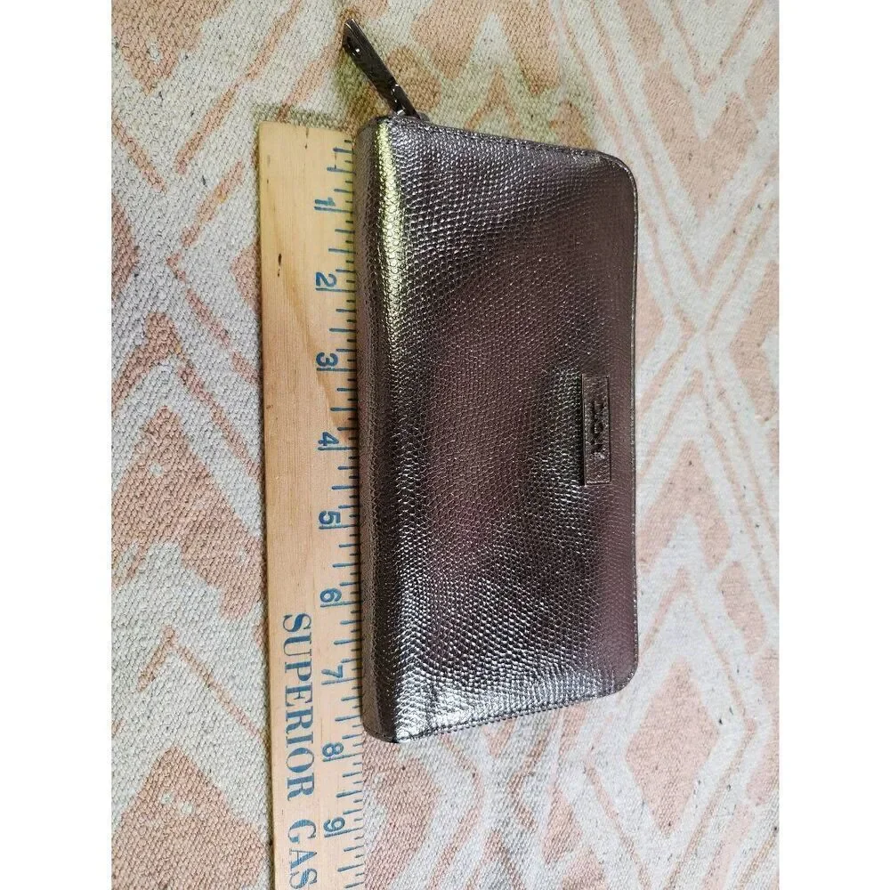 DKNY EMBOSSED METALLIC LEATHER  ZIP AROUND WALLET CLUTCH GUNMETAL #A69